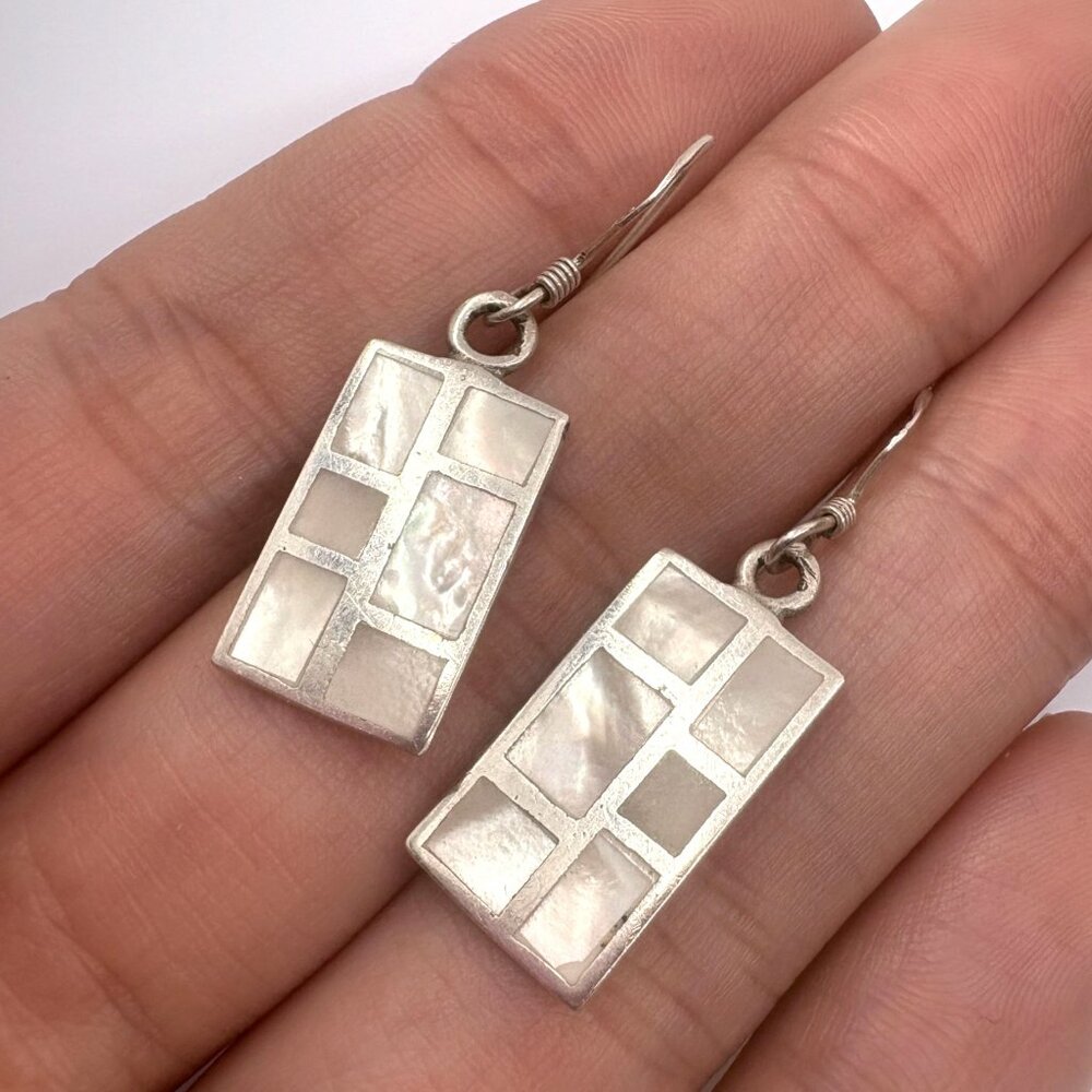 Mother of Pearl Rectangular Dangle Earrings VTG 925 Sterling Silver 1.25" Length